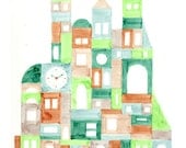 Colorful Geometric Buildings Oversized Illustration Art Print Vertical Format, Green, Brown, Lime Green, Aqua