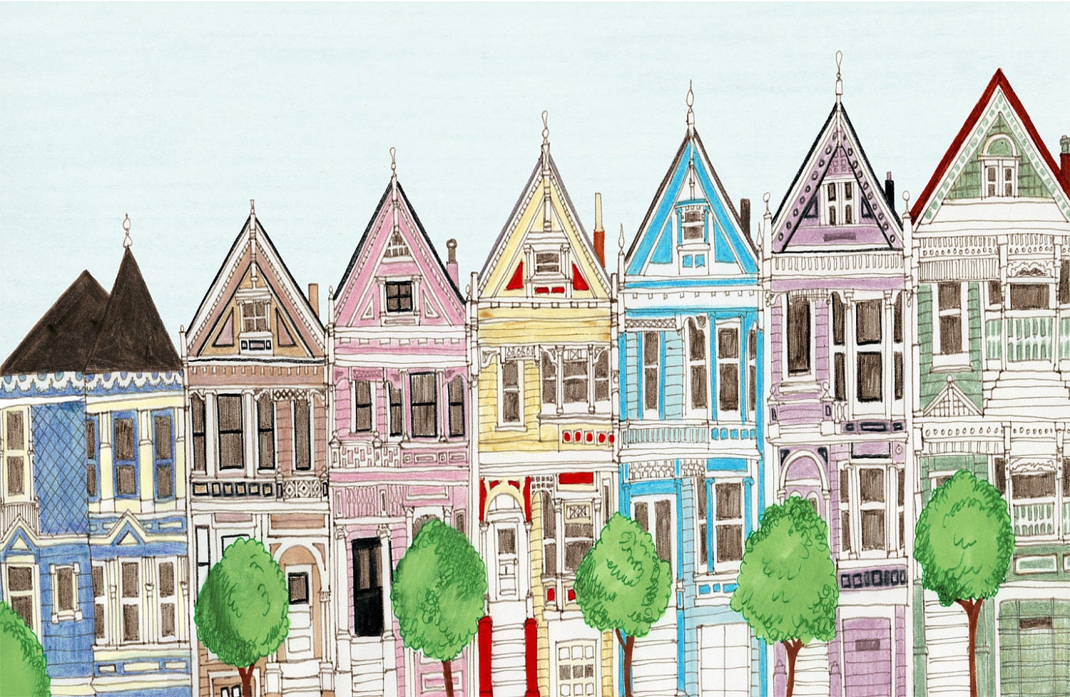 San Francisco Victorian Colorful Houses Painted Ladies Illustration Art Print