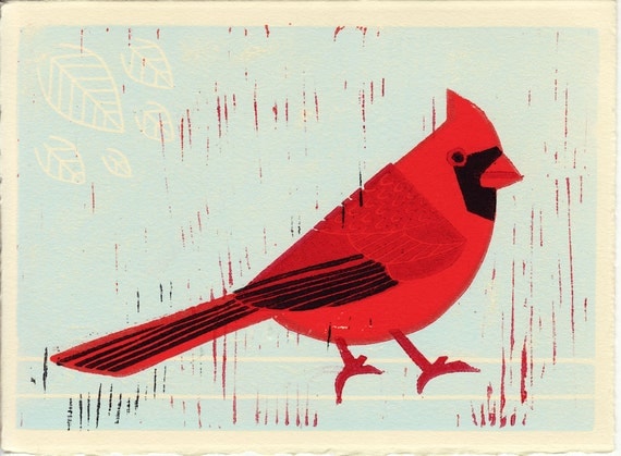 Cardinal: Red Cardinal Bird Linocut Illustration Art Print