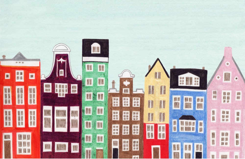 Amsterdam, Dutch Buildings and Houses Scandinavian Design Colorful Nursery Illustration Art Print