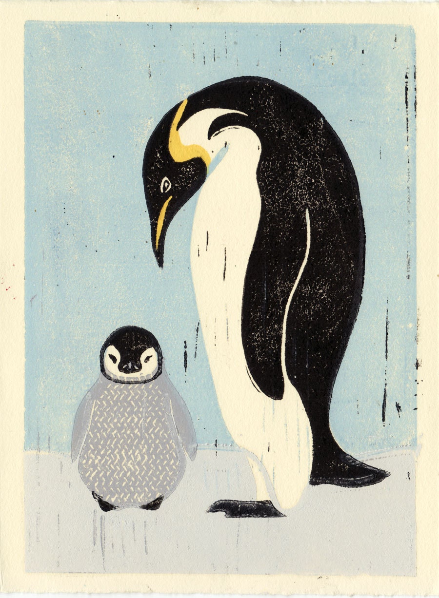 Penguins: Mother and Child 5 X 7 hand-pulled linocut block print