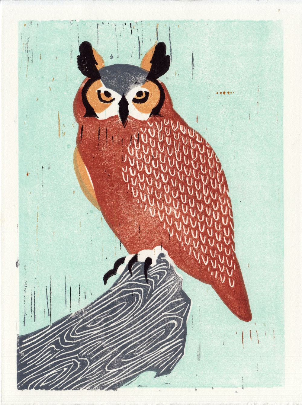 Owl: Great Horned Owl hand-pulled linocut illustration block print