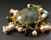 Monkey Bracelet. Beaded Charm Bracelet with Brown Pearl, Carved Shell and Glass Beads. Handmade Artisan Jewelry.