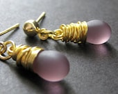 Purple  Earrings Wire Wrapped in Gold with Post Backs and Frosted Glass Teardrops. Handmade Artisan Jewelry by Gilliauna