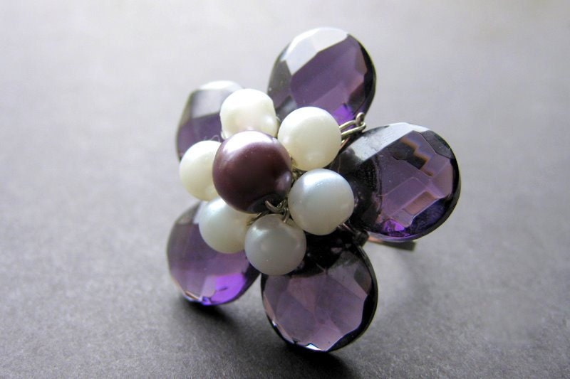 Purple Crystal Flower Ring with Pearls. Handmade Artisan Jewelry by Gilliauna