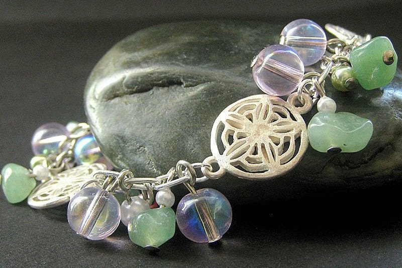 Aventurine Charm Bracelet Earring Set - Snow in Summer. Handmade Bracelet.