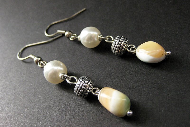 Pearl and Shell Earrings Handmade in Ocean Colors and Silver. Handmade Earrings.