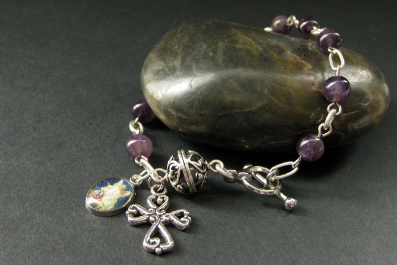 Amethyst Chaplet Rosary Bracelet with Silver Filigree Accents. Handmade Religious Jewelry by Gilliauna