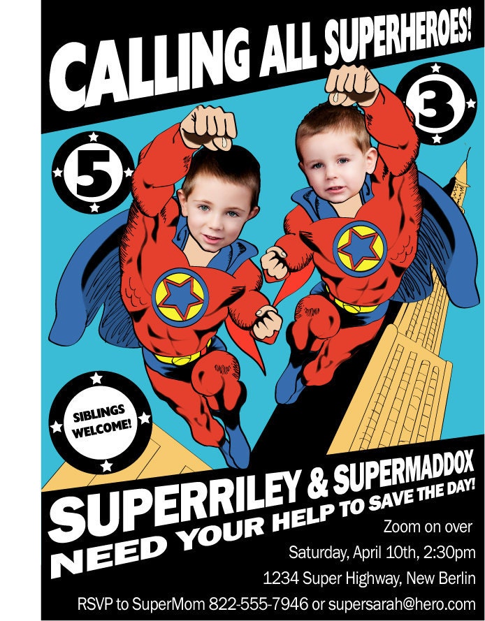 Superhero Birthday Party Invitation for two boys or twins - Personalized from your photo DIGITAL FILE