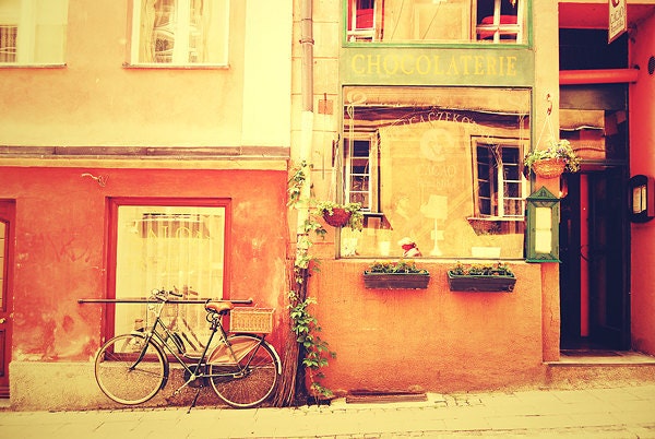 Chocolaterie 5x7 (13x18cm) Fine Art Travel Photography - bicycle bike tour de france cycling cafe poland european street windows peach pink