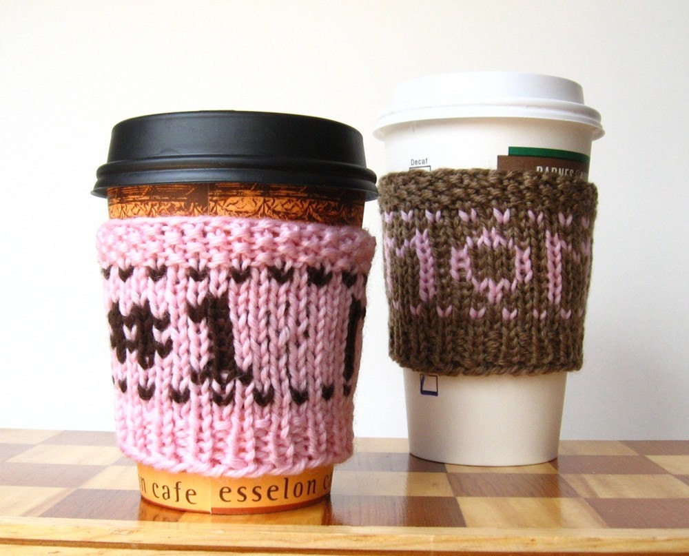 Number one mom - handknit superwash cup cozy - pink on fawn
