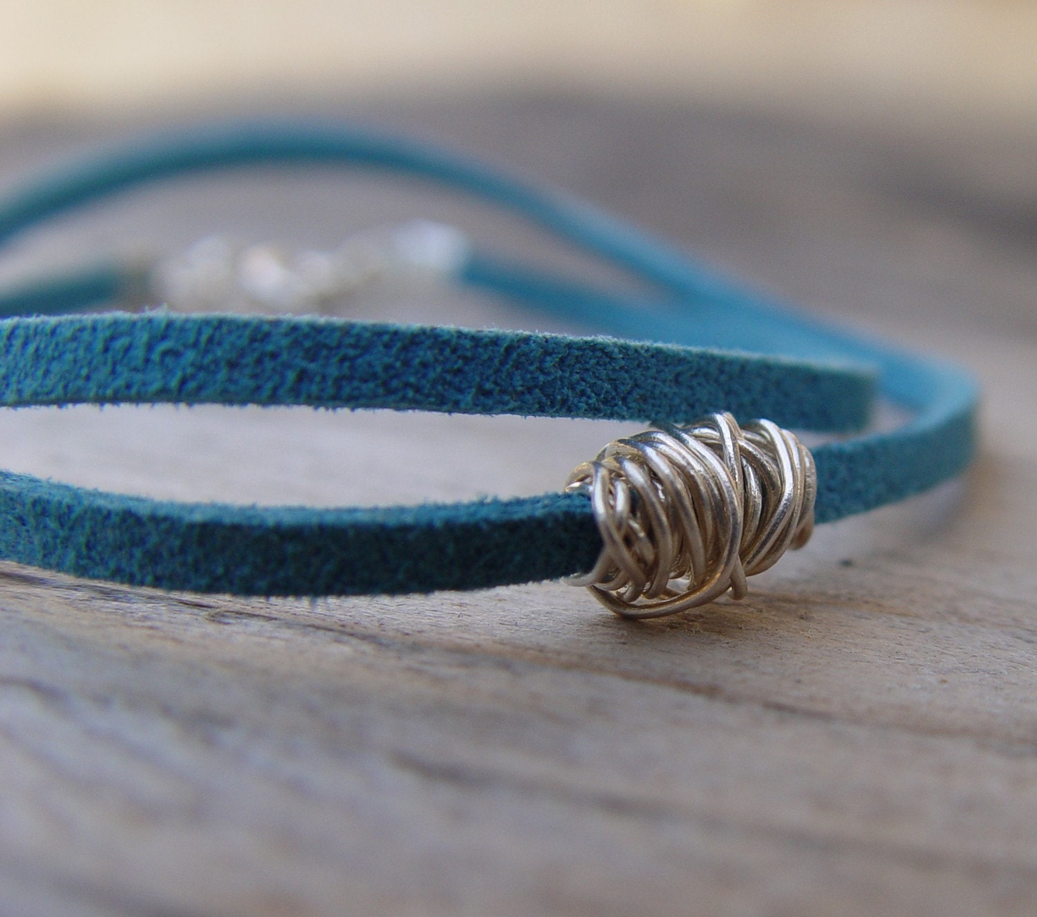 Silver Wire Ball on a Double Wrap Turquoise Suede Leather Bracelet - Ready to Ship