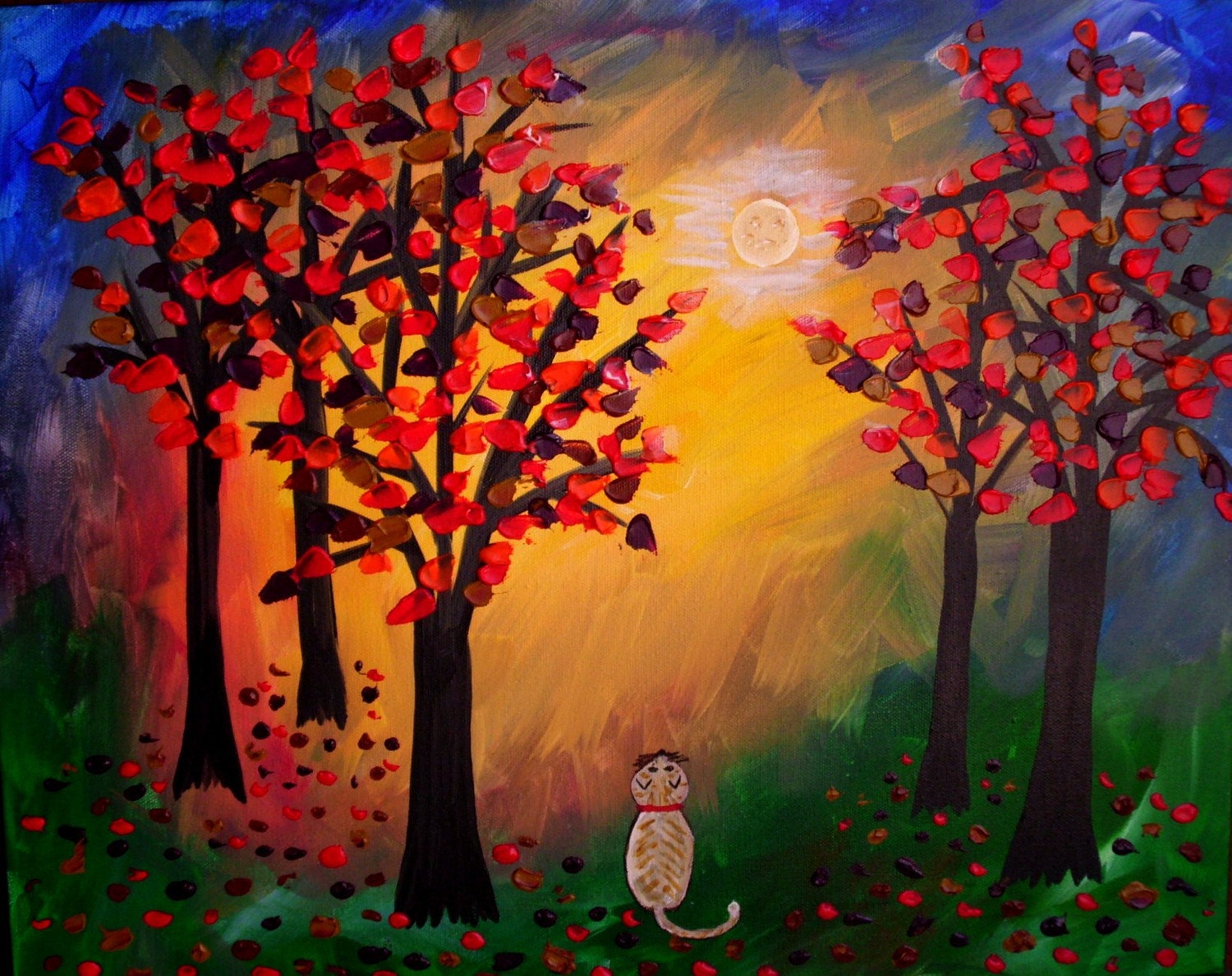 Contemporary Modern Fine Art Original Impasto Painting on Canvas 16x20 Kitty and Moon, Cat Painting, Tree Painting, Moon Painting
