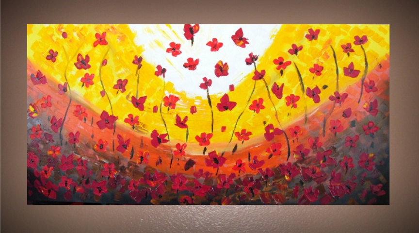 Textured Poppy Flower Field Painting on Canvas 48x24
