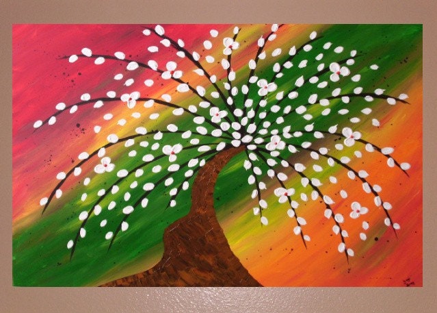 White Tree Painting on Red Orange and Green Canvas 36x24 Textured