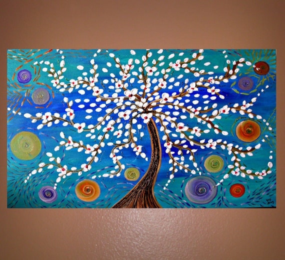 Half Price Today Only, Priced as MarkedWhite Tree Painting on Blue and Green Canvas 36x24 Wall Art, Home Decor