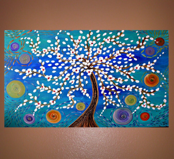 Half Price Today Only, Priced as MarkedWhite Tree Painting on Blue and Green Canvas 36x24 Wall Art, Home Decor