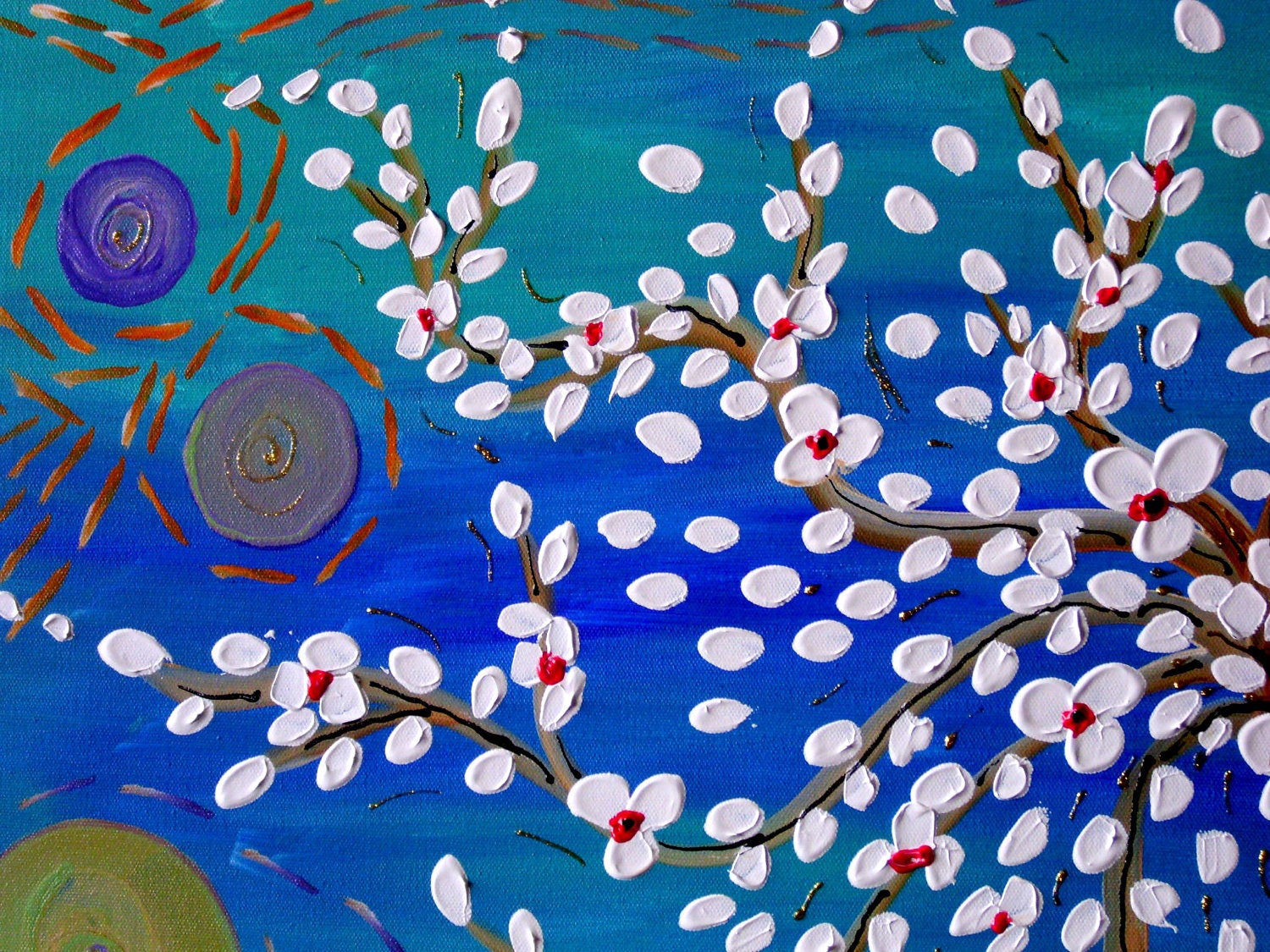 Half Price Today Only, Priced as MarkedWhite Tree Painting on Blue and Green Canvas 36x24 Wall Art, Home Decor