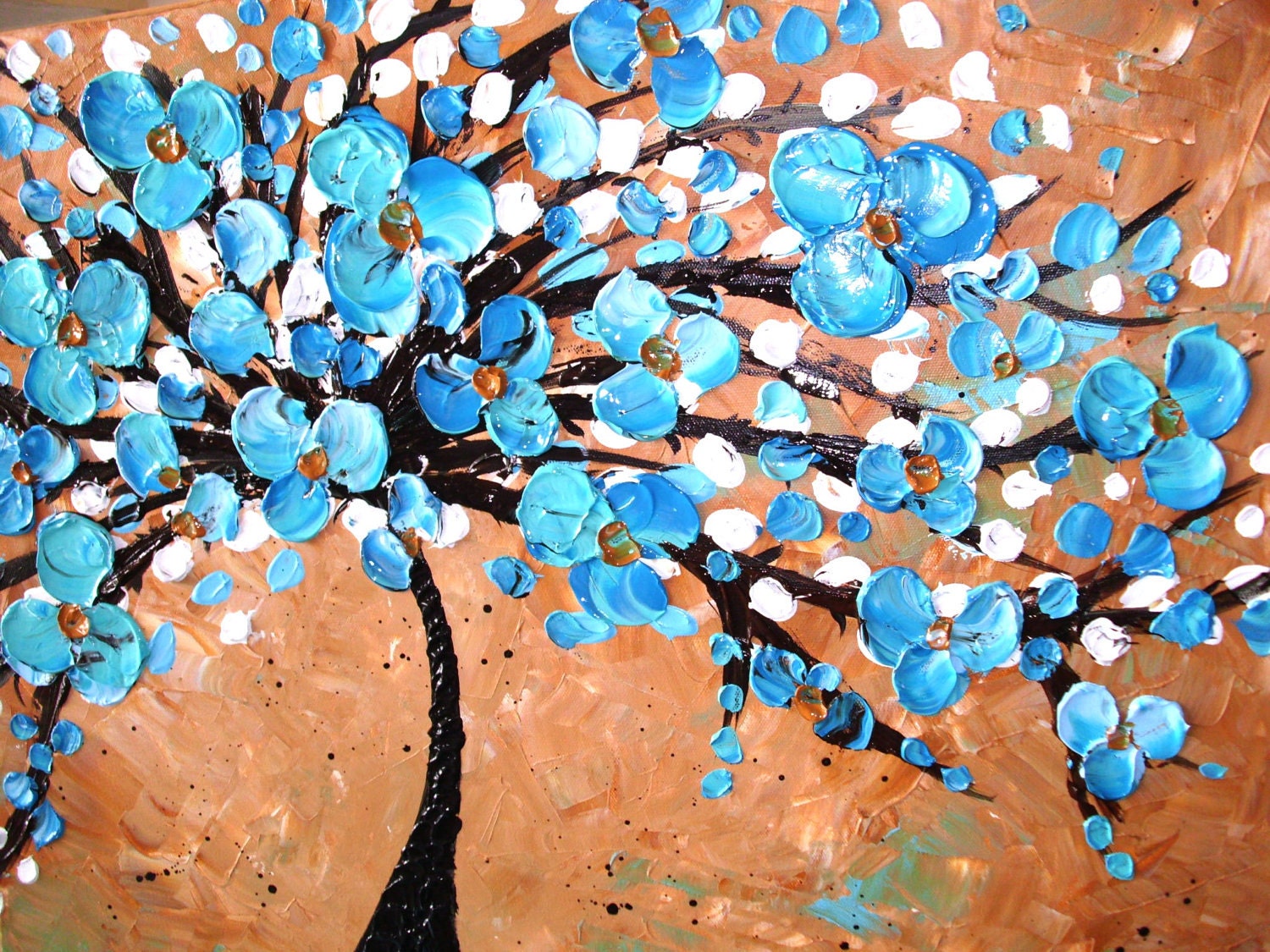 On Sale Blue Tree Painting, Blue Flower Painting, Textured Tan and Blue Wall Art Painting on Canvas 36x24