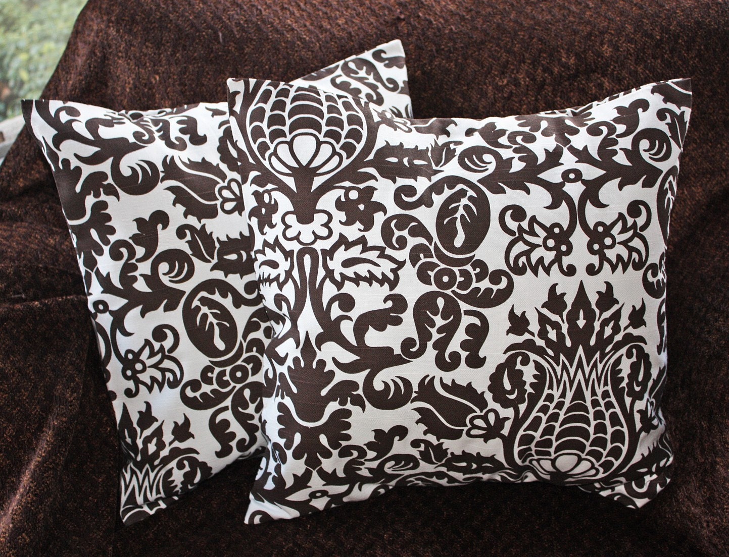 READY TO SHIP  - Free U.S. Shipping -  Set of Two 18x18 inch Pillow Covers - Linen Appearance Chocolate on a White Background.