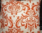FREE U.S. SHIPPING Set of Two 24x24 inch Designer Pillow Covers, Euro Shams - Sweet Potato Orange and Natural/Cream Damask Style Print.