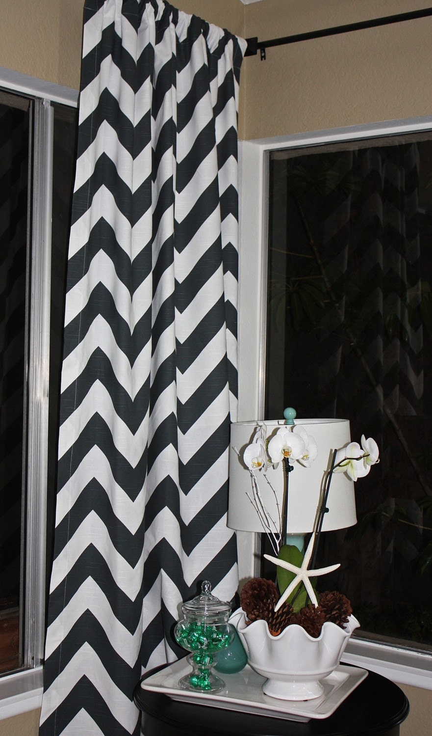 Free U.S.Shipping - Set of Two 50x84 inch Rod Pocket - Clip Ring Drapery Panels. Unlined Charcoal and White LARGE PRINT Chevron.