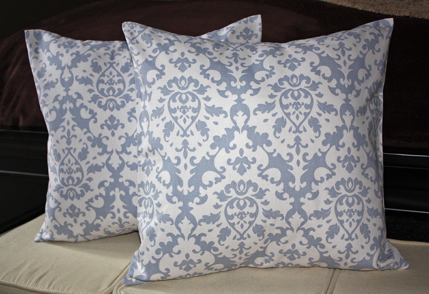 FREE SHIPPING Set of Two 18x18 inch Designer Pillow Covers - Damask Print Light Denim Blue and White. Pillow Case, Cushion Cover, Pillow Cover