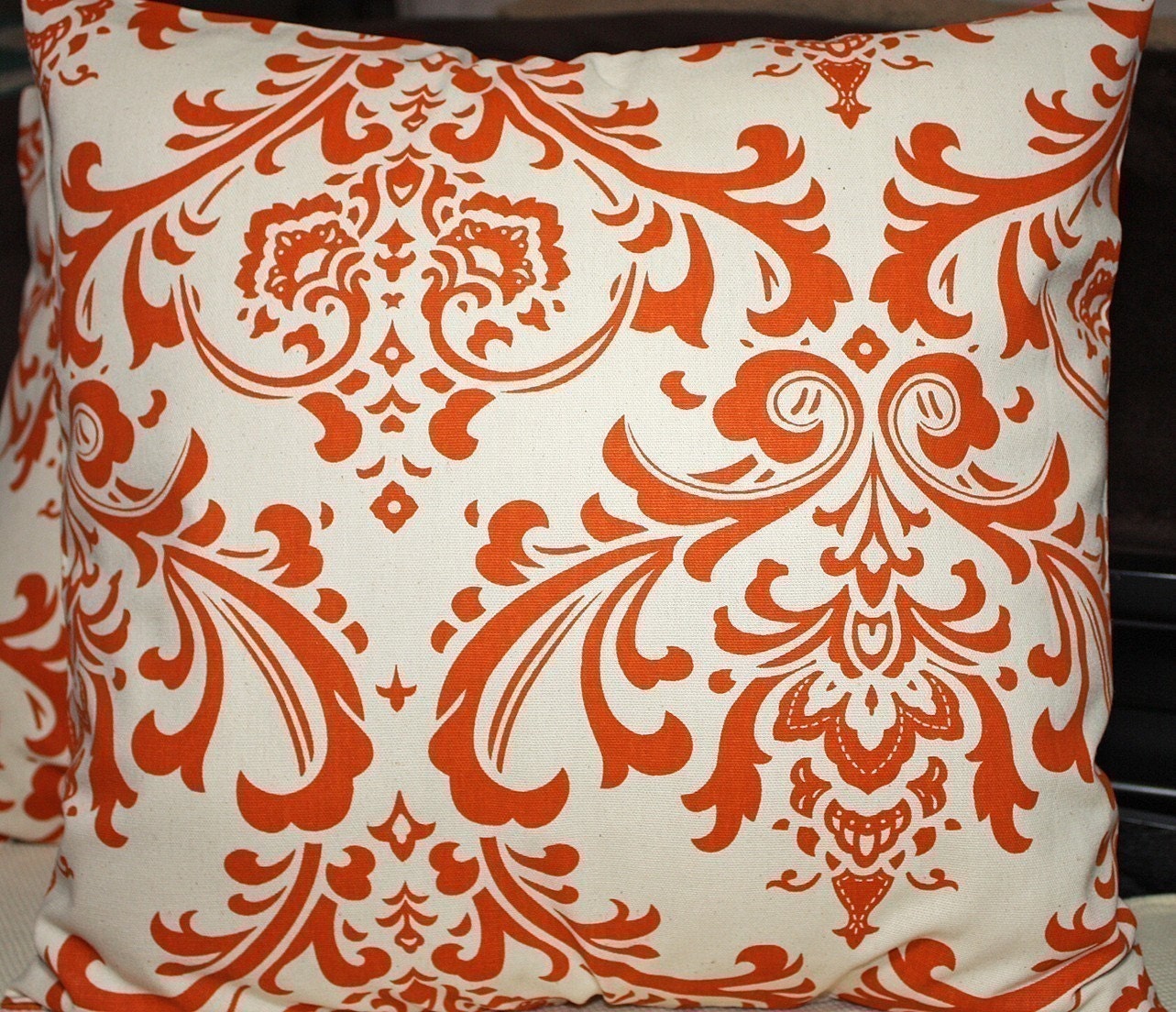 FREE U.S. SHIPPING Set of Two 18x18 inch Designer Pillow Covers - Sweet Potato Orange and Natural/Cream Damask Style Print.