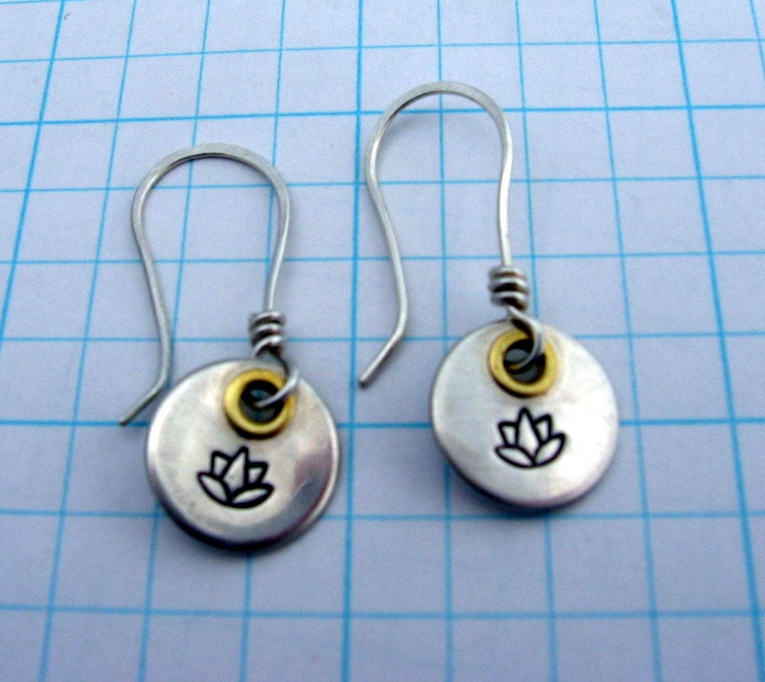 Handmade Brass Riveted Sterling Silver Earrings Hand Stamped Lotus Flower Letter Initial Engraved Art Symbol Custom Personalized Metalwork