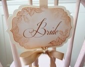 Shabby Chic Wedding Bride Groom Chair Signs Vintage Floral Design Set of Two