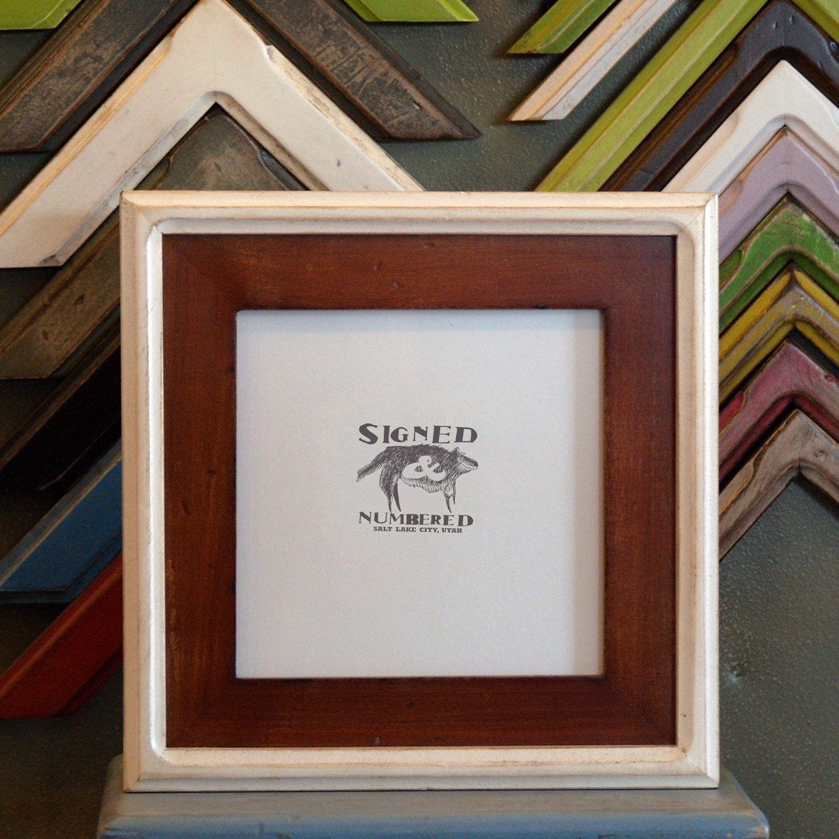 7x7 Square Picture Frame with Vintage Wood Tone Finish in Vintage White Double Cove Build Up - SAME DAY SHIPPING