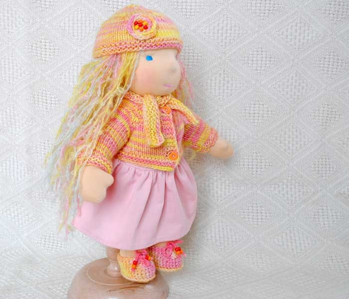 pumpkin color waldorf doll clothes sweater hat scarf and socks .