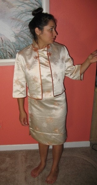 RESERVED for Asurarose - Vintage Tan and Burnt Orange Cheongsam Wiggle Dress with Jacket