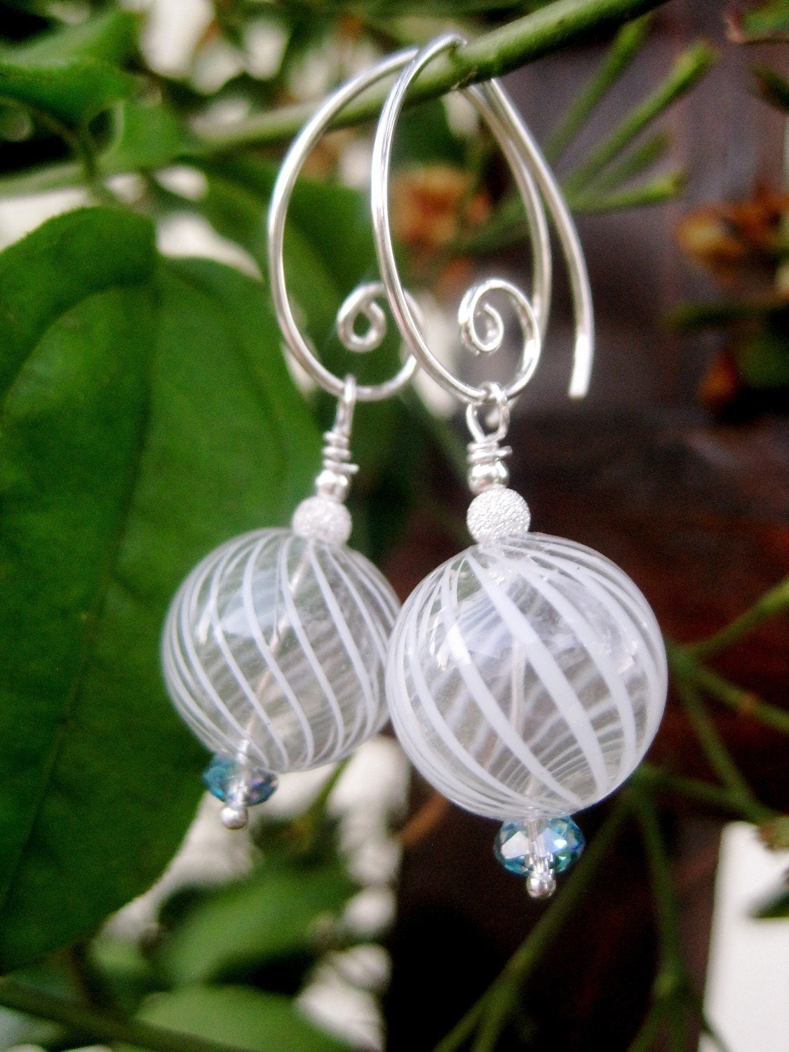 White Ribbon Earrings -- Shop Favorite - Venetian Blown Glass, Blue Prism Crystal, Sterling Stardust & Handcrafted Spiral Sterling Hoops