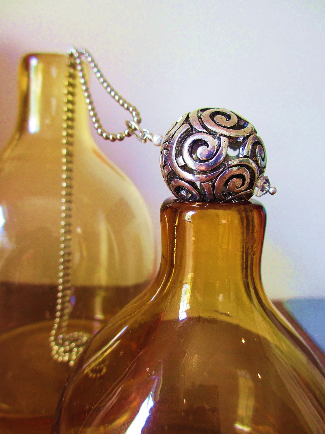 Swirls of Silver Necklace -- Gorgeous Pendant w Large Silver Ball, Vintage Crystal, Sterling Accents on Long Ball Chain