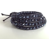 Blue Hematite Crystal Leather Wrap Bracelet - Chan Luu Inspired Spring Summer Special Beaded Four Wrap Bracelet
