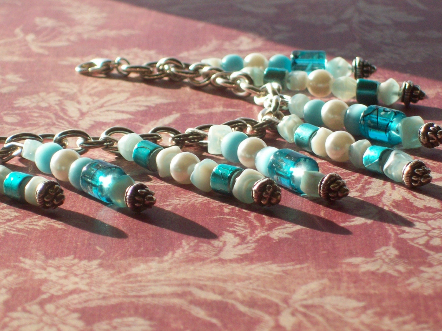 Blue Beaded Bridal Charm Bracelet- Waterfall shades of blue