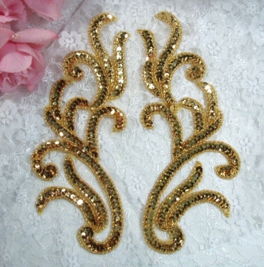 Gold Mirror Pair Beaded Sequin Appliques Sewing