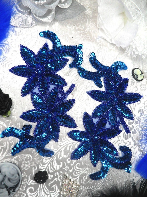 0505 Royal Blue Mirror Pair Beaded Sequin Appliques by gloryshouse