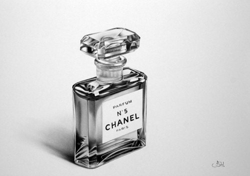 Still Life Perfume Bottle Vintage Chanel No 5 Fine Art Pencil Drawing Archival Print Hand Signed by Artist