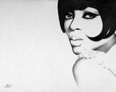 Diana Ross Pencil Drawing Fine Art Print Portrait Vintage Glamour '60s The Supremes Hand Signed by Artist