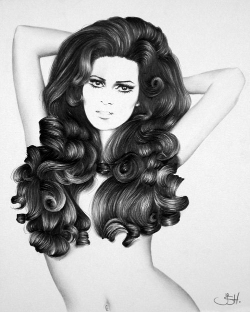Raquel Welch Original Pencil Drawing Minimalism Fine Art Portrait Glamour Beauty Classic Hollywood1960s Pinup SALE