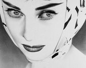Audrey Hepburn Pencil Drawing Portrait Classic Hollywood Vintage Glamour Fine Art Print Hand Signed by Artist