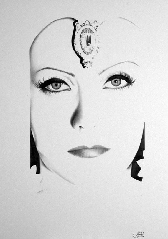 Greta Garbo Portrait Pencil Drawing Fine Art Print Vintage Glamour Mata Hari Classic Hollywood 1930s Art Deco Hand Signed by Artist
