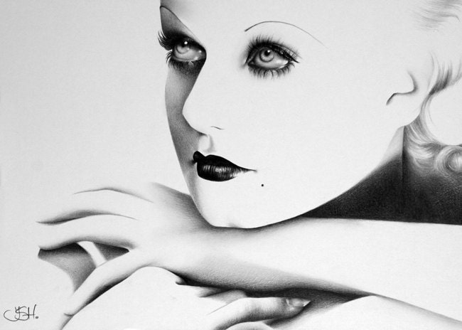Jean Harlow Pencil Drawing Fine Art Portrait Classic Hollywood Vintage Glamour Flapper Girl 1930s Art Deco PRINT Hand Signed