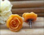 Orange Rose Earrings Flower Studs  - Clearance