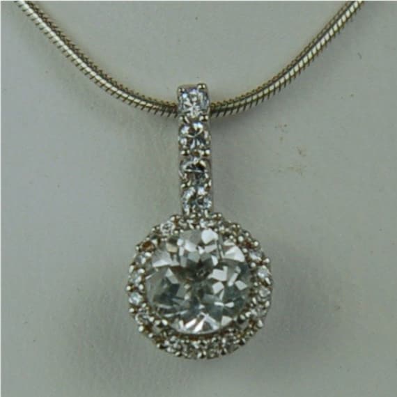 White Topaz Necklace Sterling Silver 6mm Round 1ct Surrounded By A Halo of CZ's