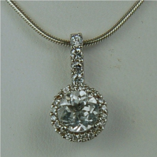 White Topaz Necklace Sterling Silver 6mm Round 1ct Surrounded By A Halo of CZ's