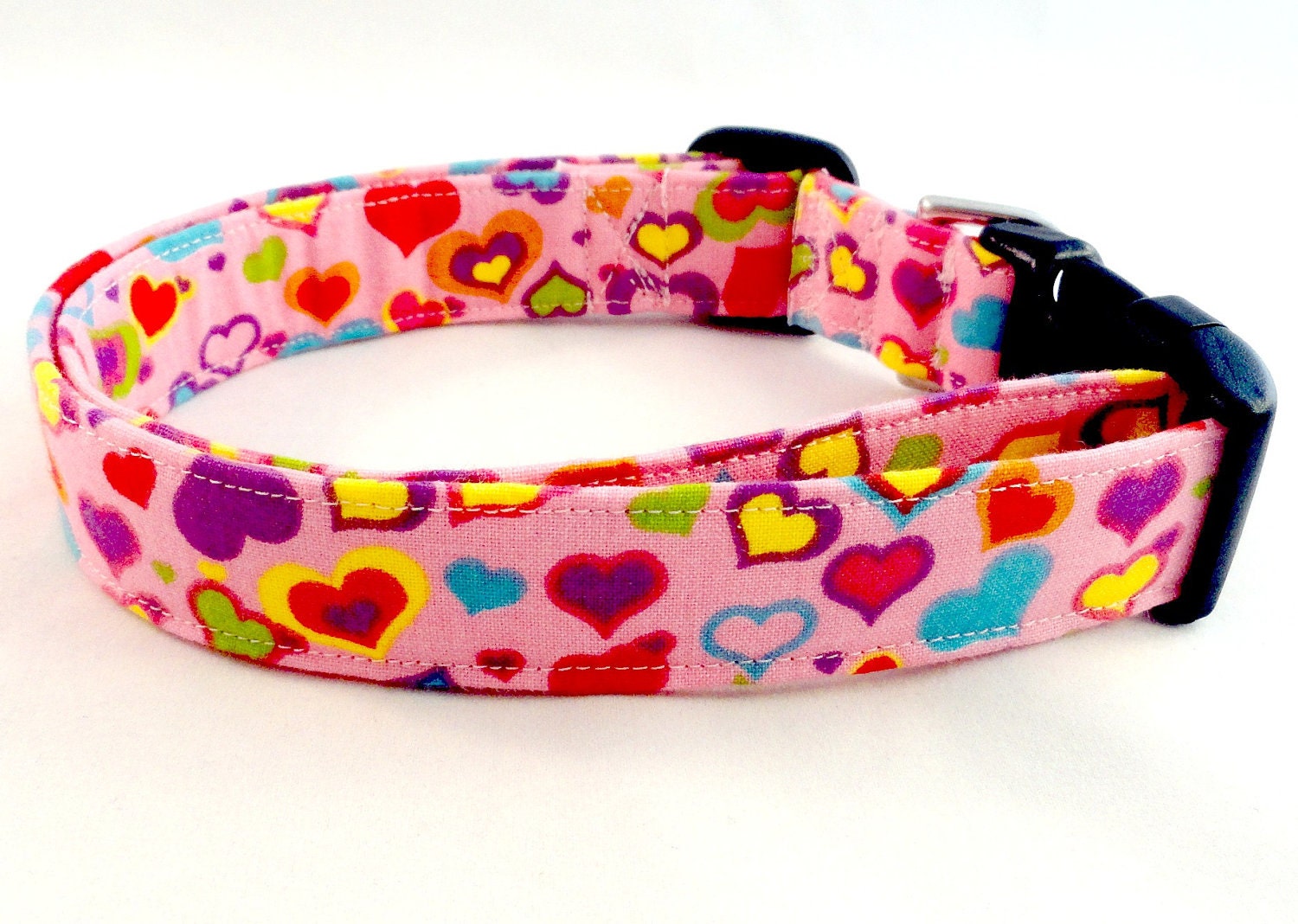 Awesome Colorful Hearts All Over a Bright Pink Dog Collar