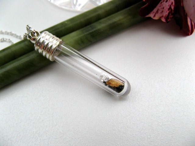 SALE - Glass Vial Pendant - Gold Nugget Jewelry - Herkimer Diamond Necklace - Sterling Silver Chain